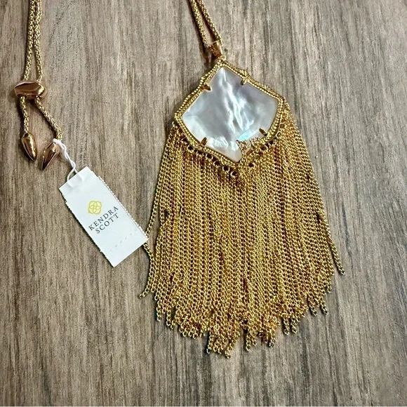 Kendra Scott Kingston Long Pendant Fringe Necklace rose gold mother of pearl - Picture 3 of 5
